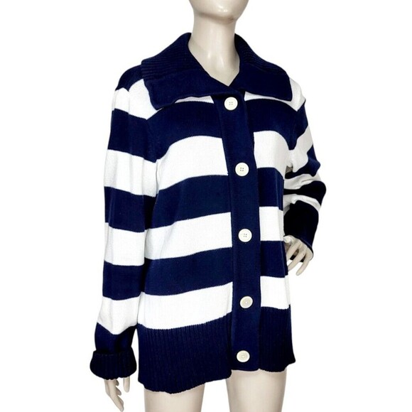 Chaps Navy Blue White Striped Knit Collared Cardigan Sweater Women's Size 2X - Picture 1 of 10